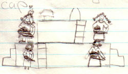 Cheesy pencil drawing of the four winners standing on a two tiered stage holding roses and wearing crowns.